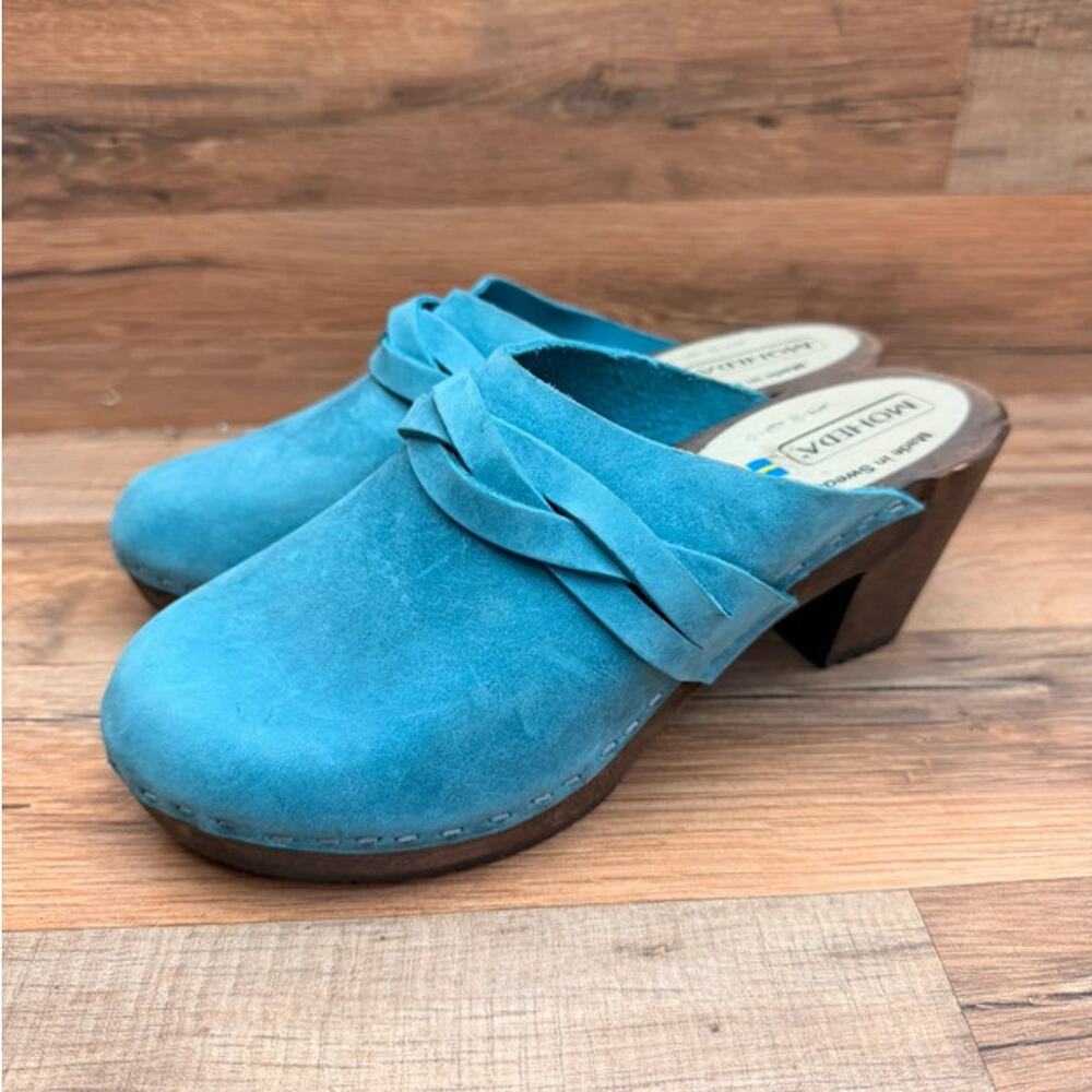 Moheda  women size 7 Mules Clogs Size Shoes  blue Leather  Toffeln